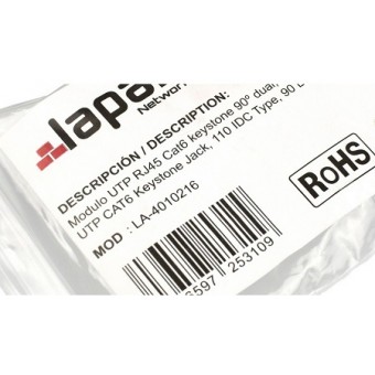 Modulo hembra RJ45 Cat 6 UTP tipo Keystone slim detalle etiqueta