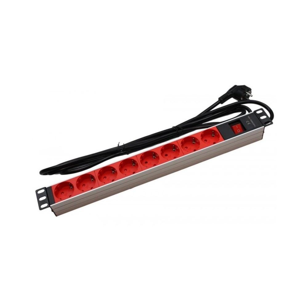 Regleta eléctrica 19'' color rojo tipo DIN 8 schukos para armario rack