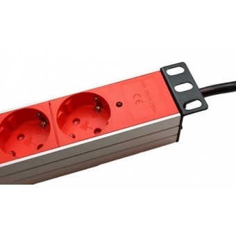 Regleta rack 19" 16A 9 x tomas rojas  detalle schuko