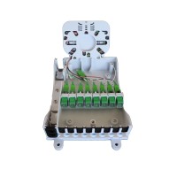 Caja empalme de fibra óptica con splitter PLC 8x1 SC simplex (Detalle PLC y bandeja)