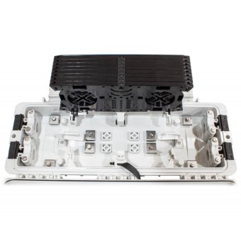 Caja empalme de fibra óptica exterior IP68 para 128 fusiones (Vista lateral)